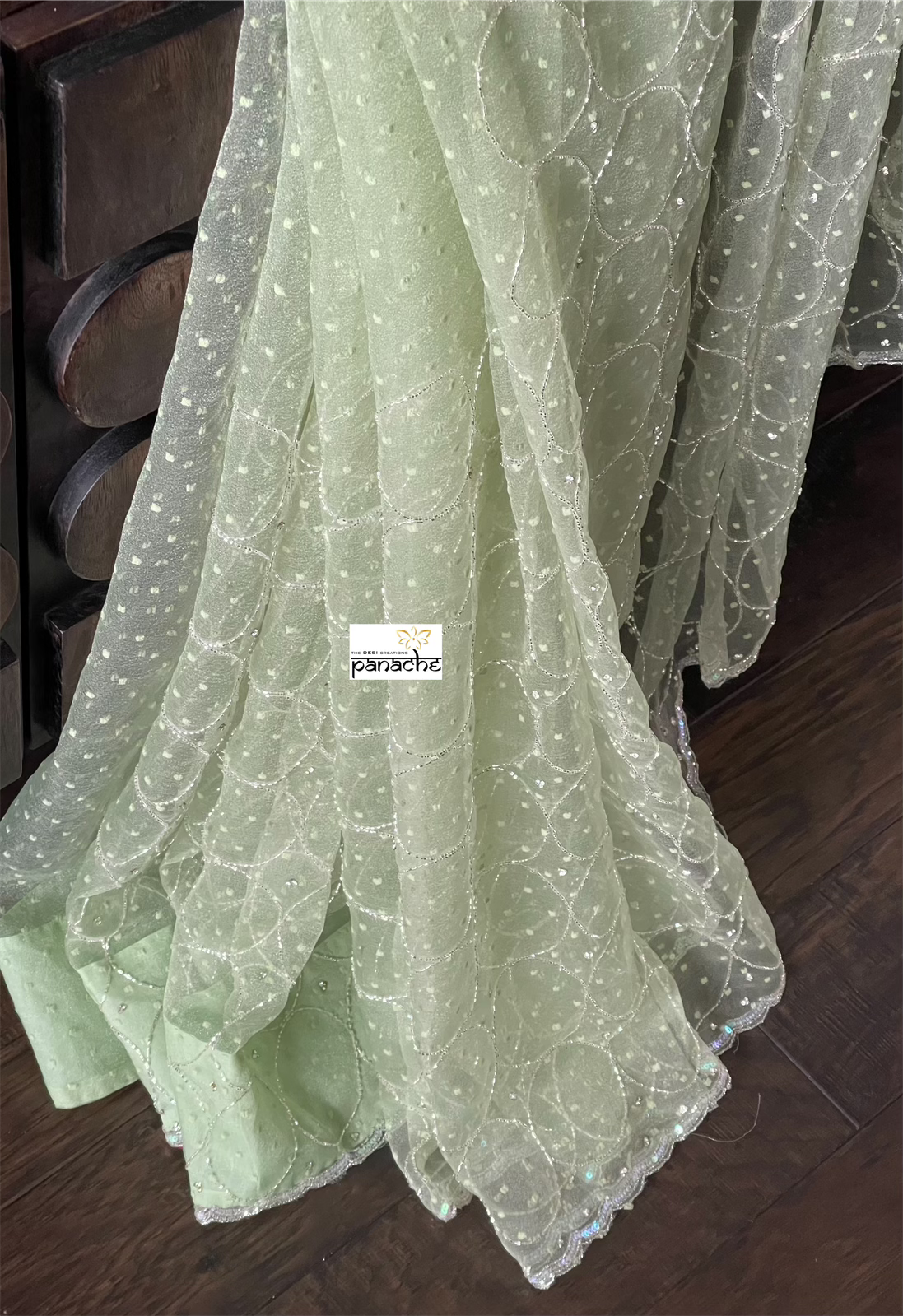Designer Organza -  Pista Green Hand Embroidered