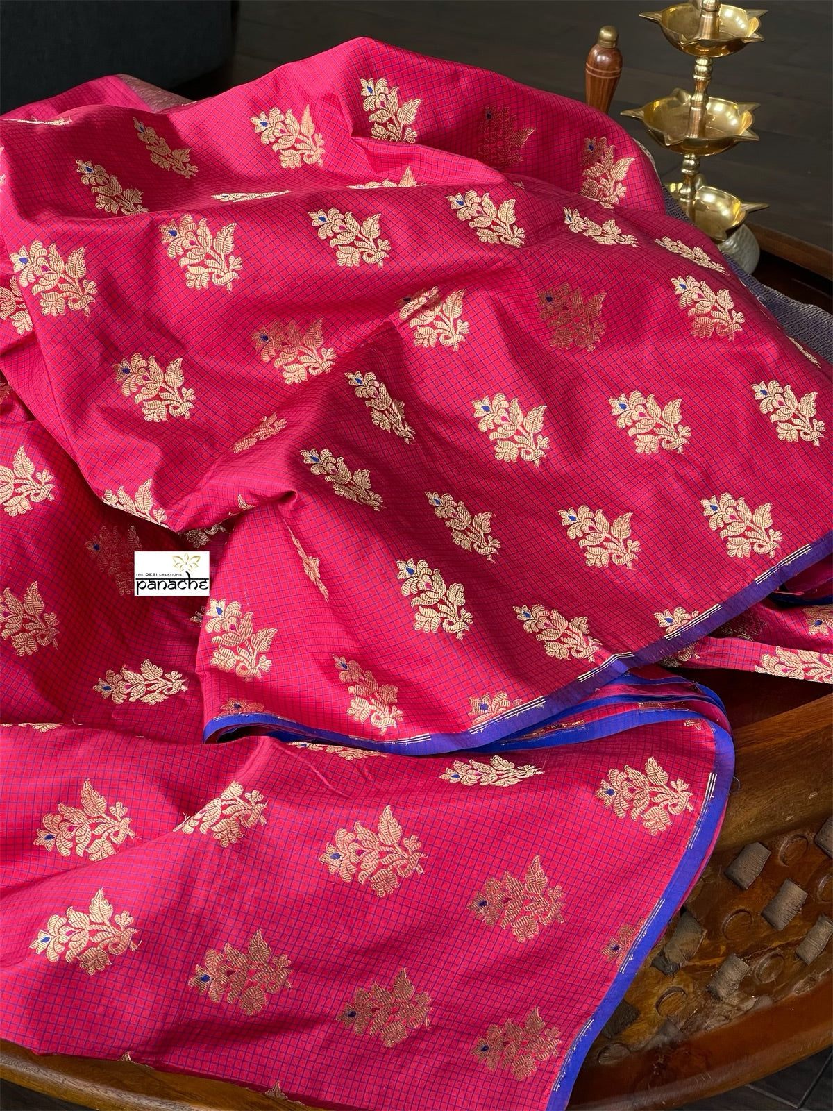 Pure Katan Silk Checkered Banarasi - Pink Royal Blue woven