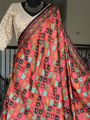 Designer Satin Georgette Silk - Brown Rust Multi Color