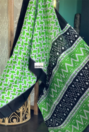Pure Vishnupur Silk - Green Black Hand Block Printed
