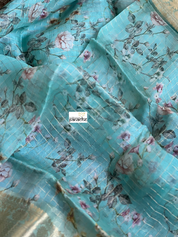 Banarasi Organza Floral - Seagreen Golden Zari Checks