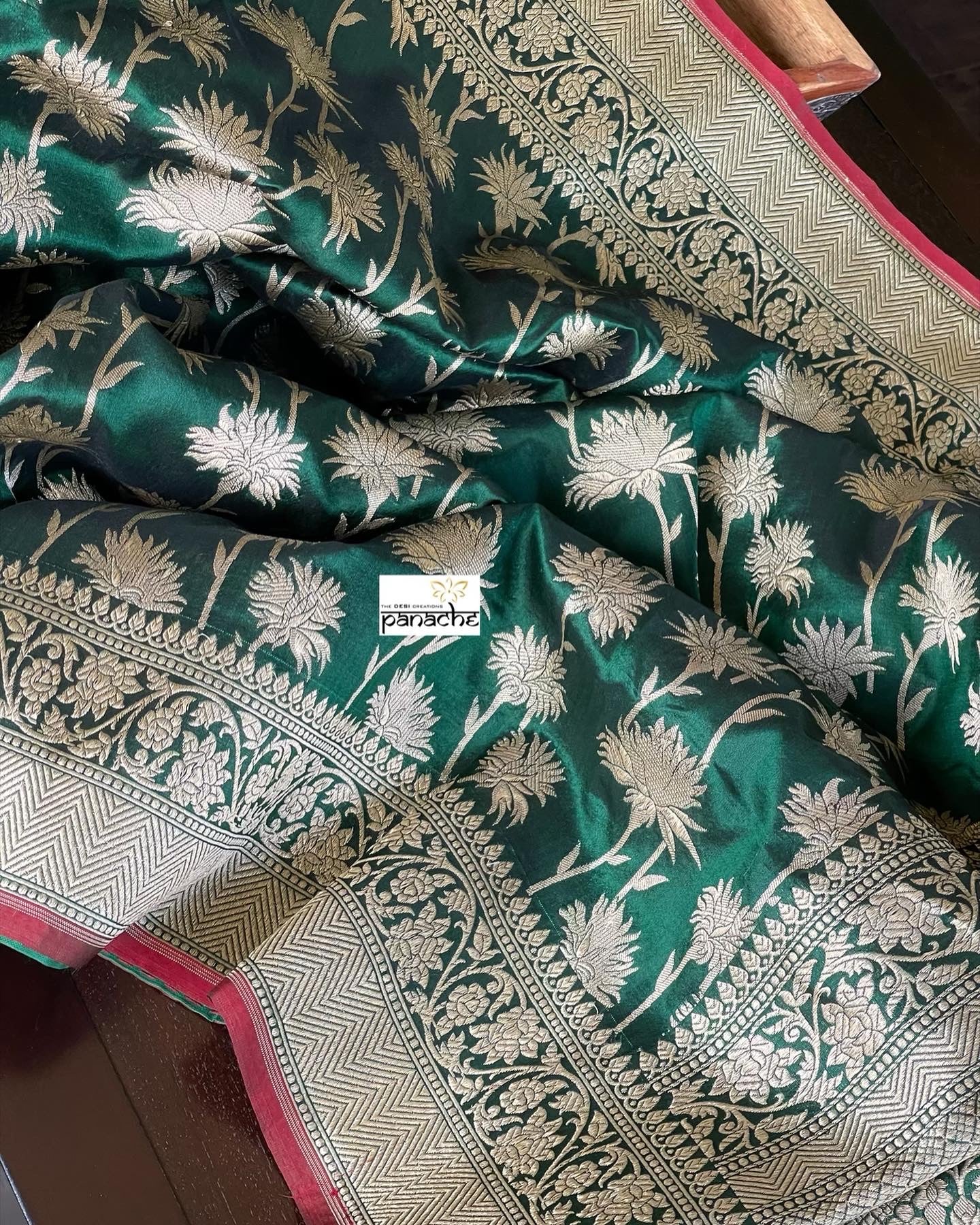 Pure Silk Banarasi - Green Red Antique Golden Zari