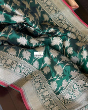 Pure Silk Banarasi - Green Red Antique Golden Zari