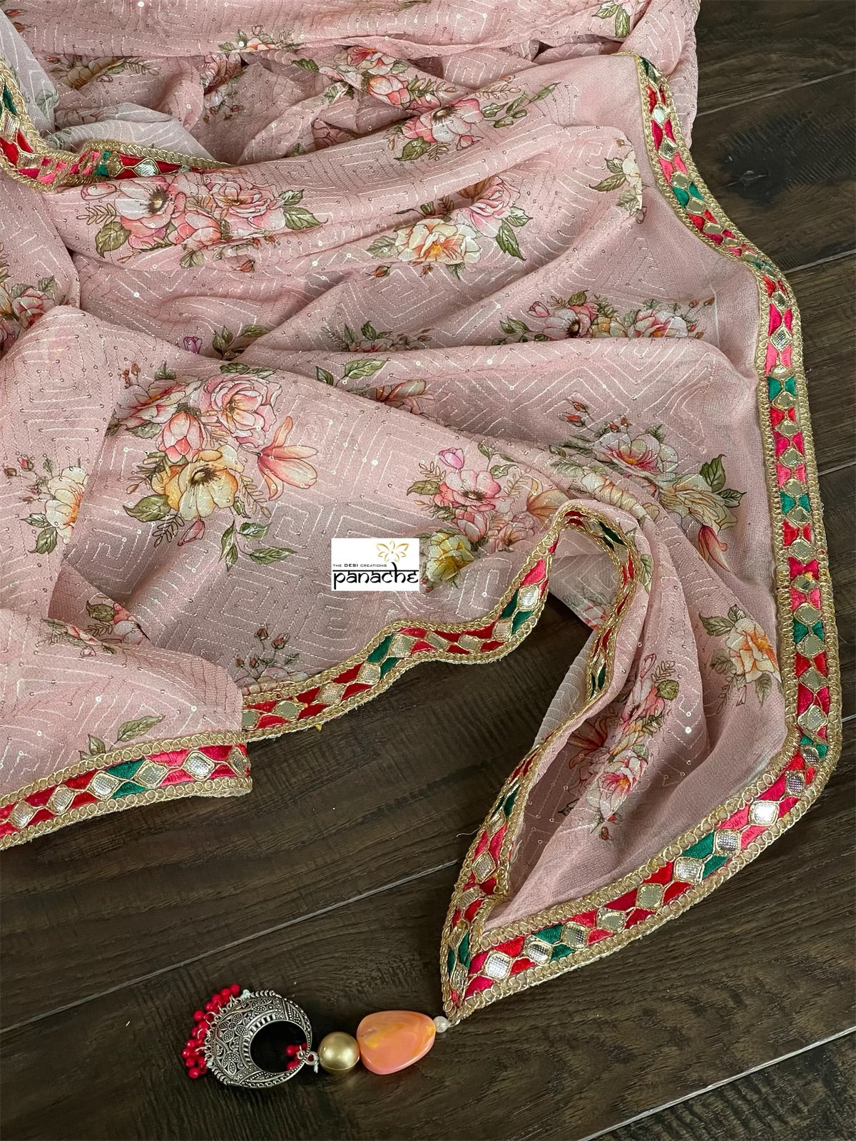 Designer Crepe Georgette Sequin Floral  - Dusty Pink