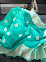 Organza Silk Banarsi - Sea Green Golden Zari
