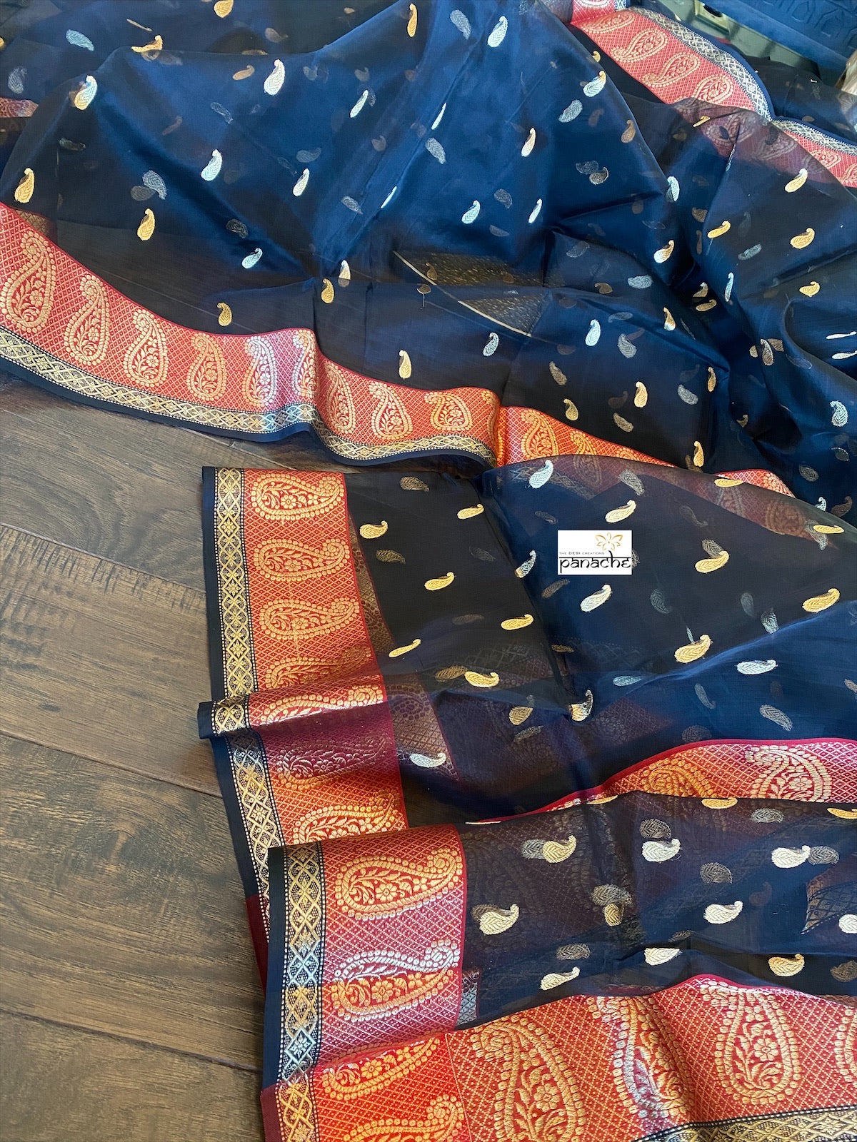 Pure Chanderi Organza Silk - Black Paisley