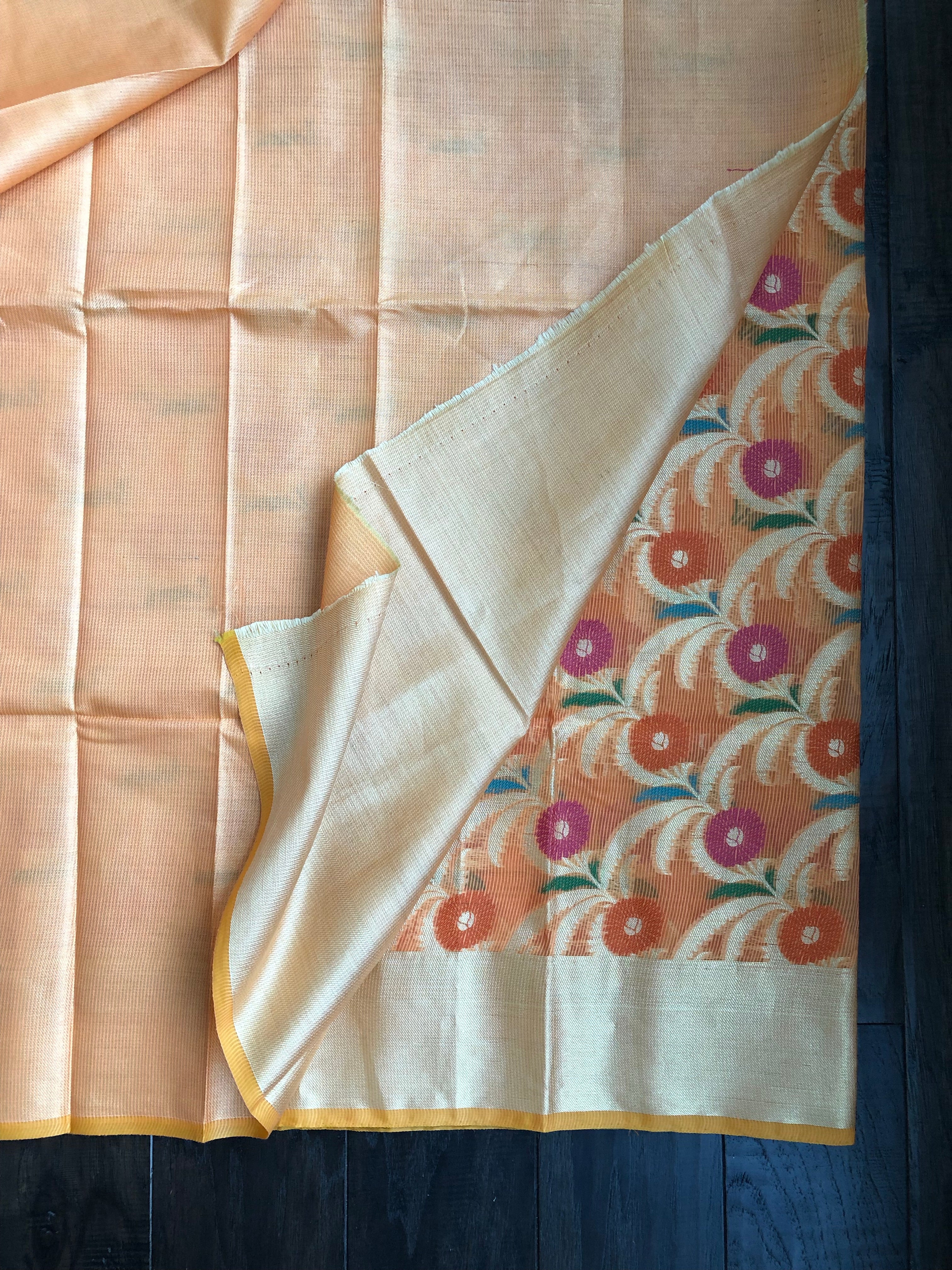 Kora Cotton Silk Saree - Tangerine Meenakari