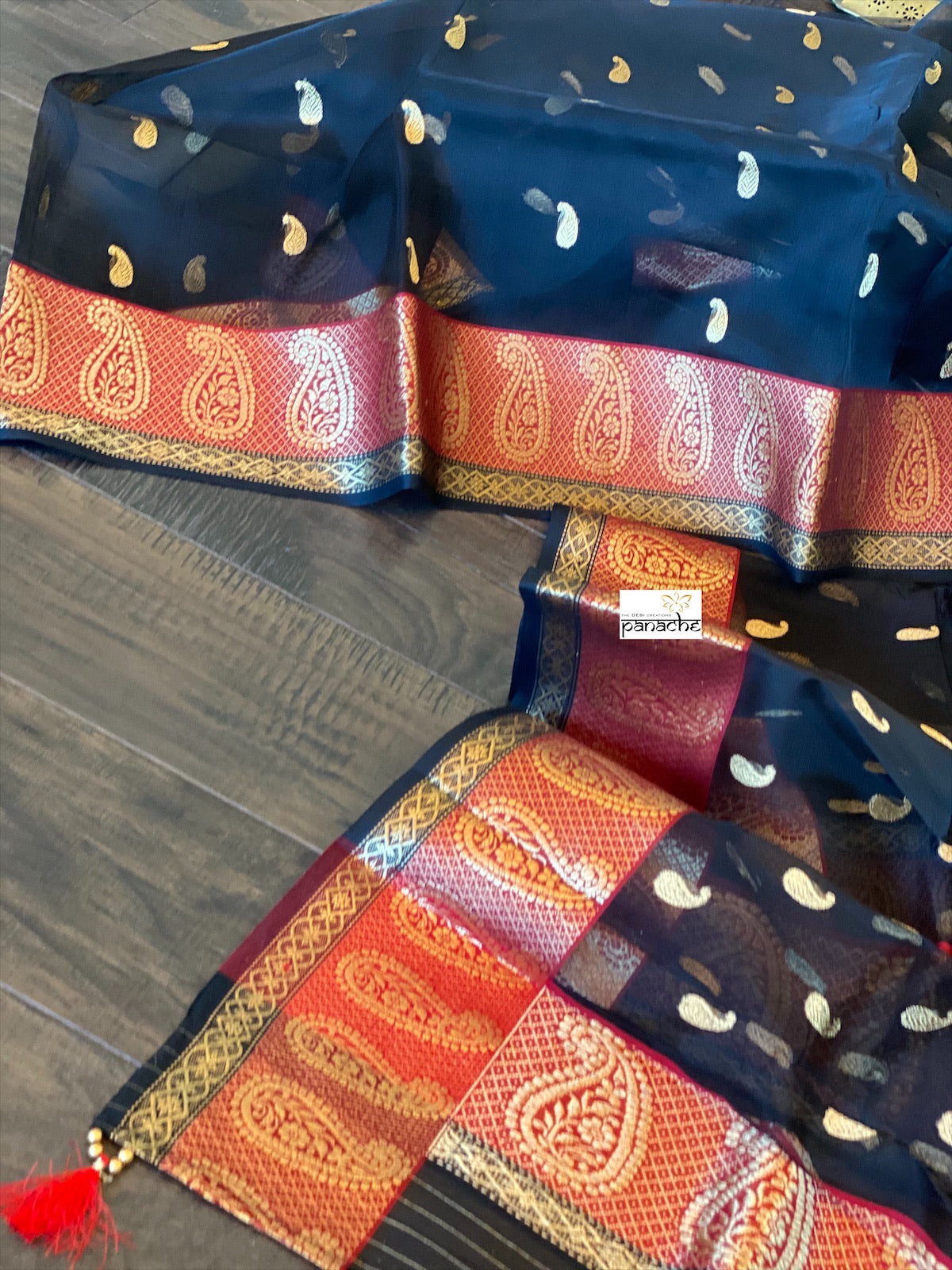 Pure Chanderi Organza Silk - Black Paisley