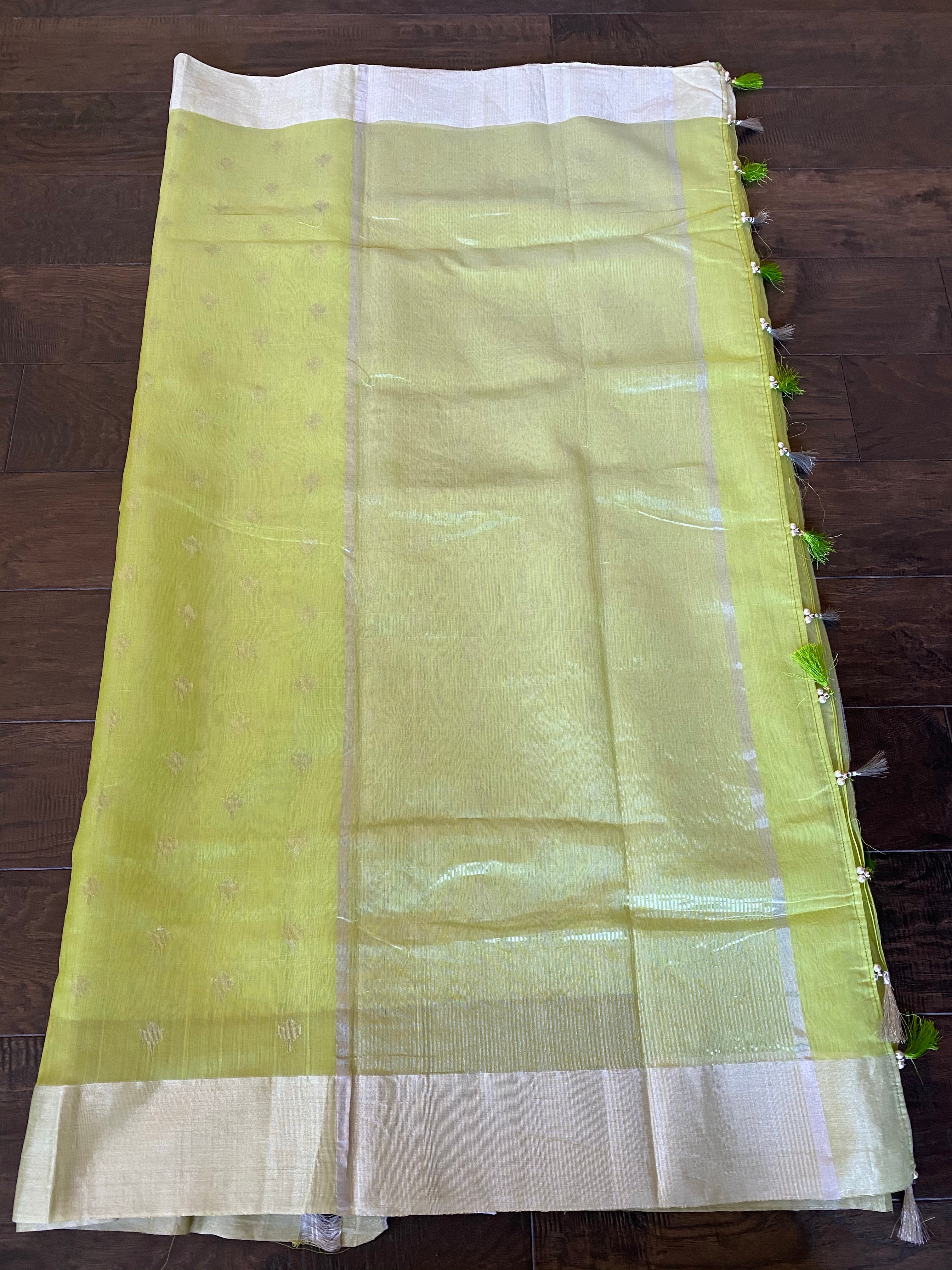 Chanderi Silk Cotton - Pista Green Silver Zari