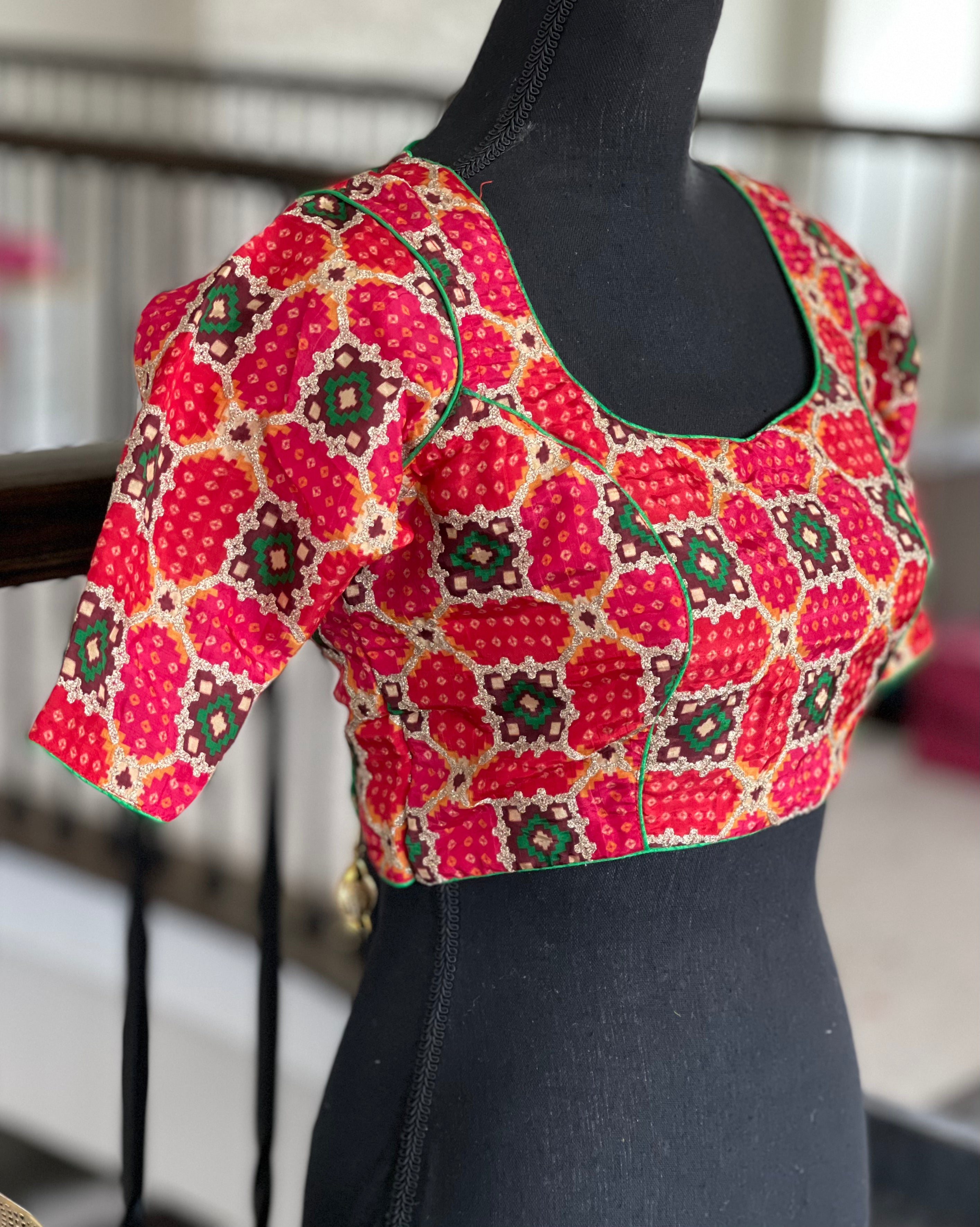 Designer Blouse - Orange Red Green Woven