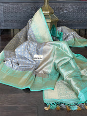 Pure Katan Silk Banarasi - Grey Sea Green Checkered