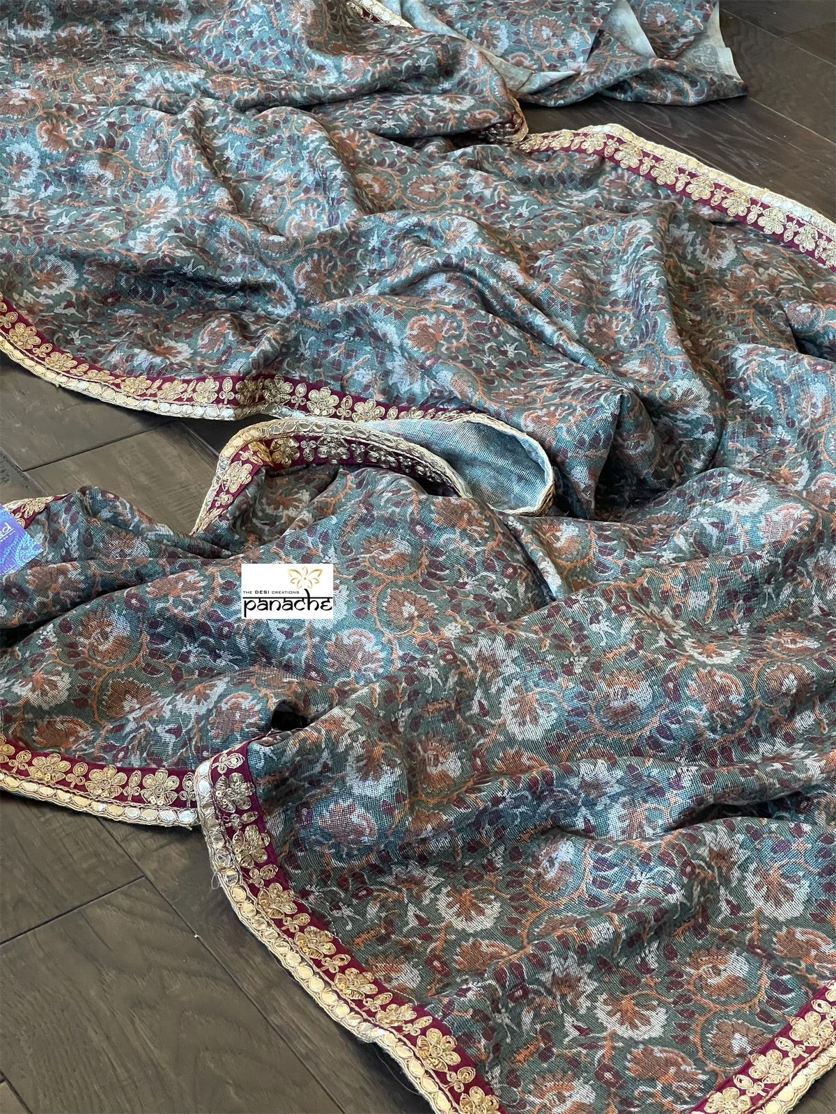 Designer Jute Silk - Teal Grey Floral Printed