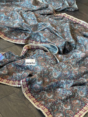 Designer Jute Silk - Teal Grey Floral Printed