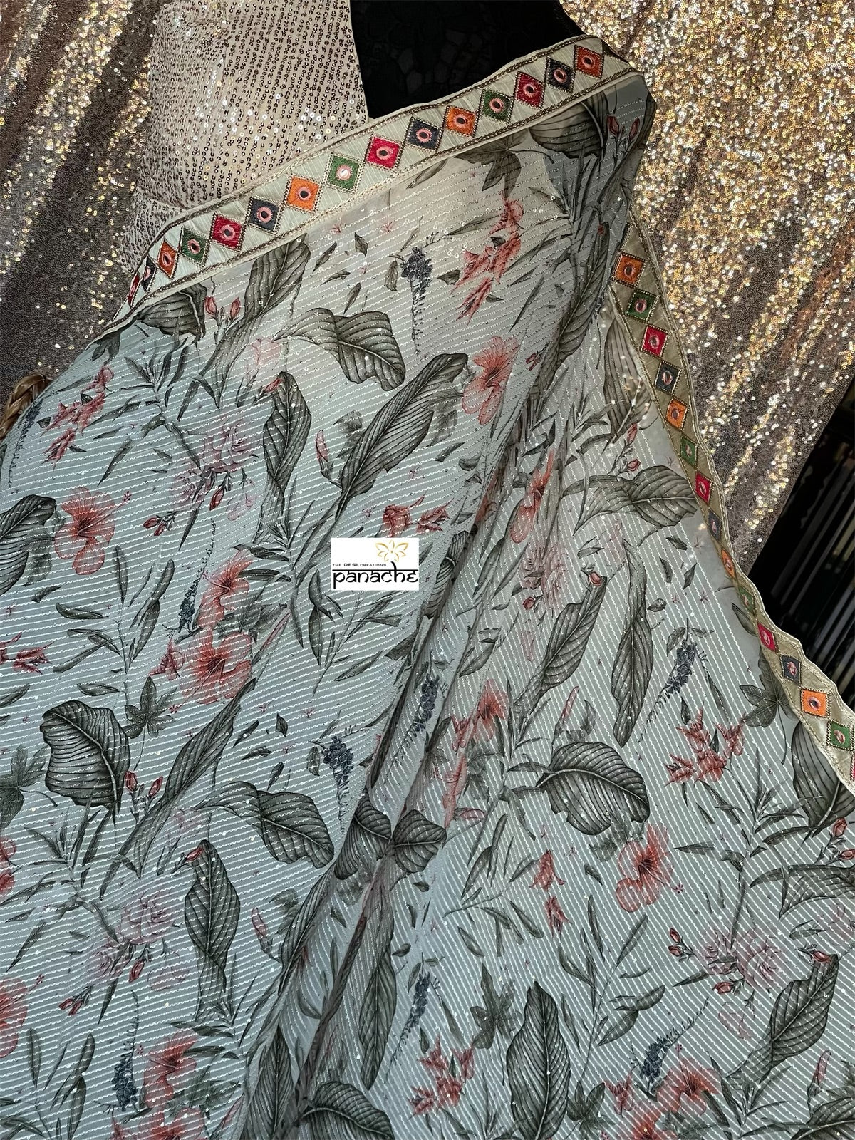 Designer Georgette Saree - Cream Floral Sequin