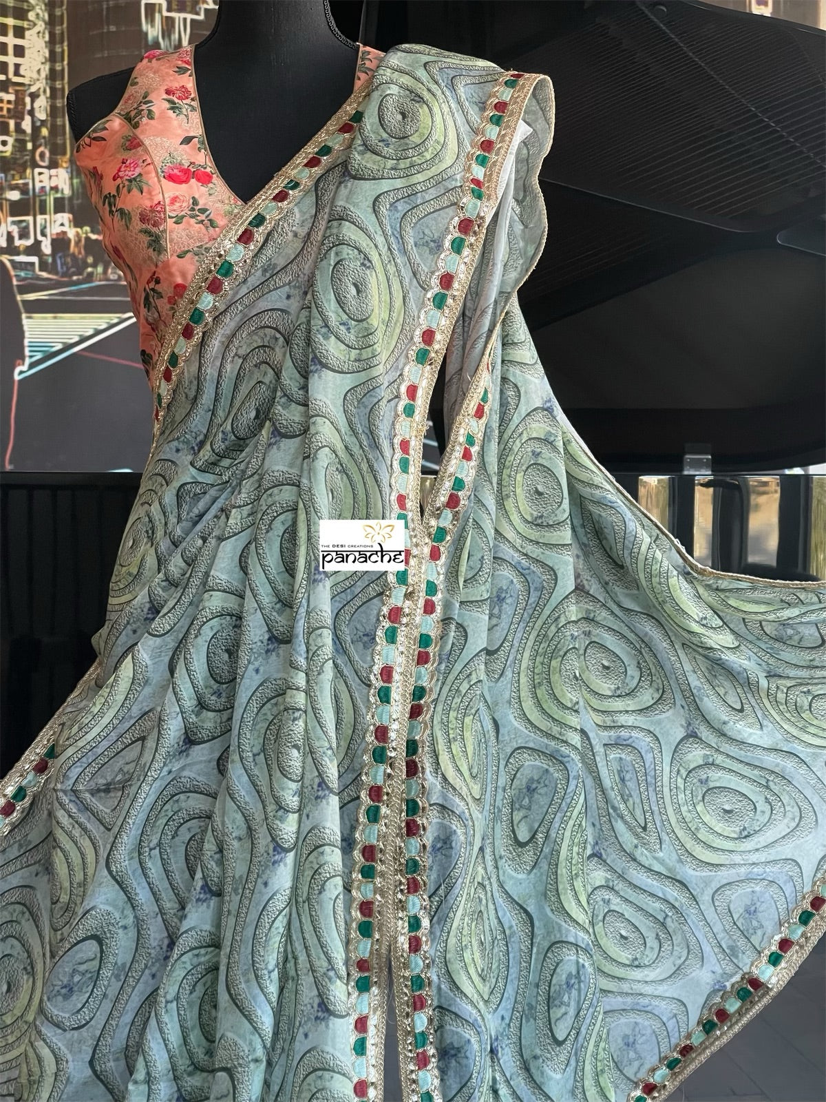 Designer Satin Maslin Silk - Grey Green Blue Black