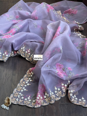 Designer Organza Floral - Bluish Grey Handwork Border