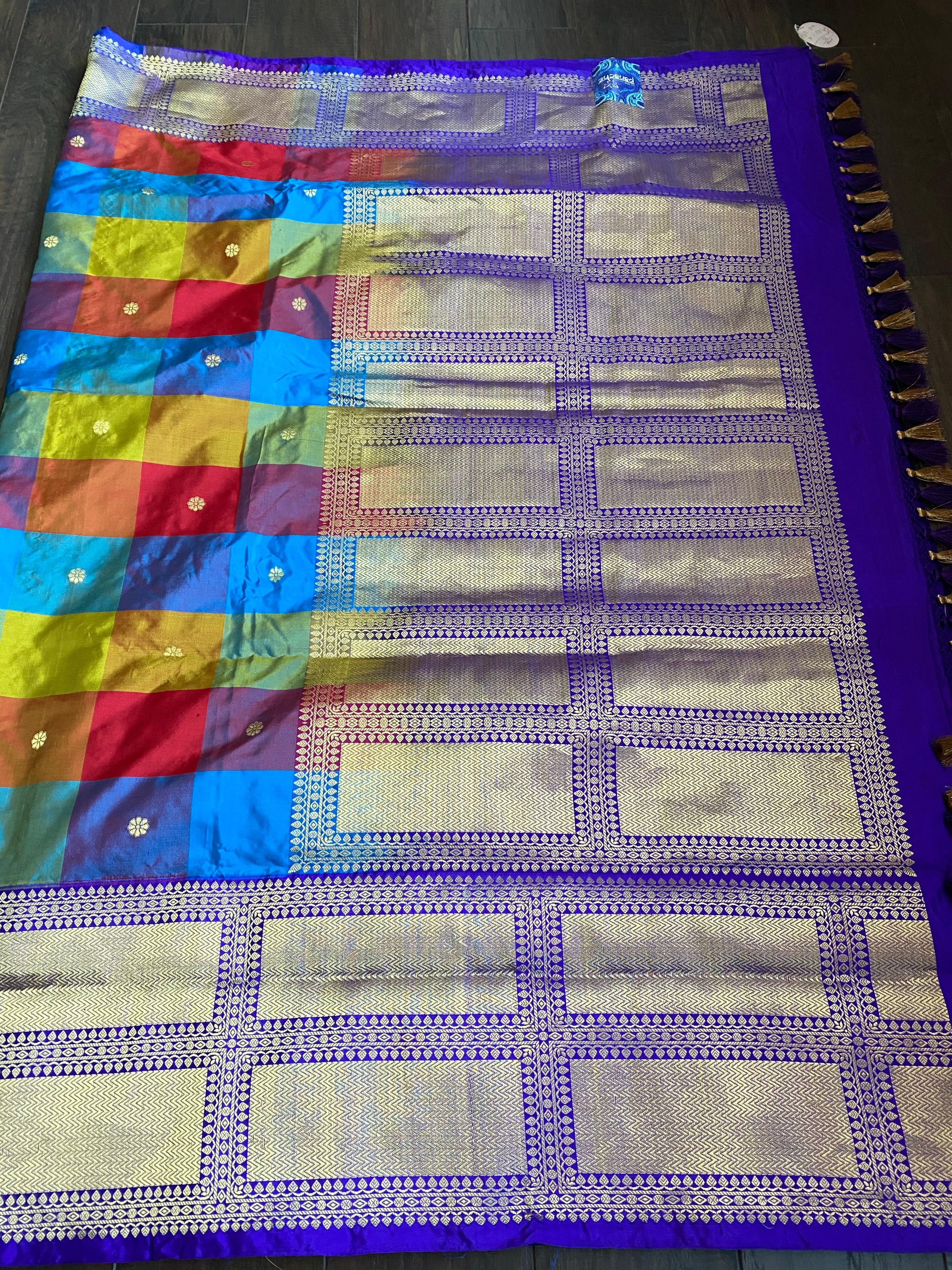 Pure Katan Silk Banarasi - Multi Color Purple Kadwa