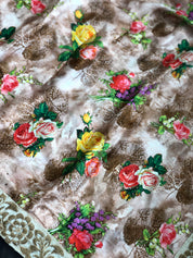 Designer Floral Satin Silk - Peach Brown