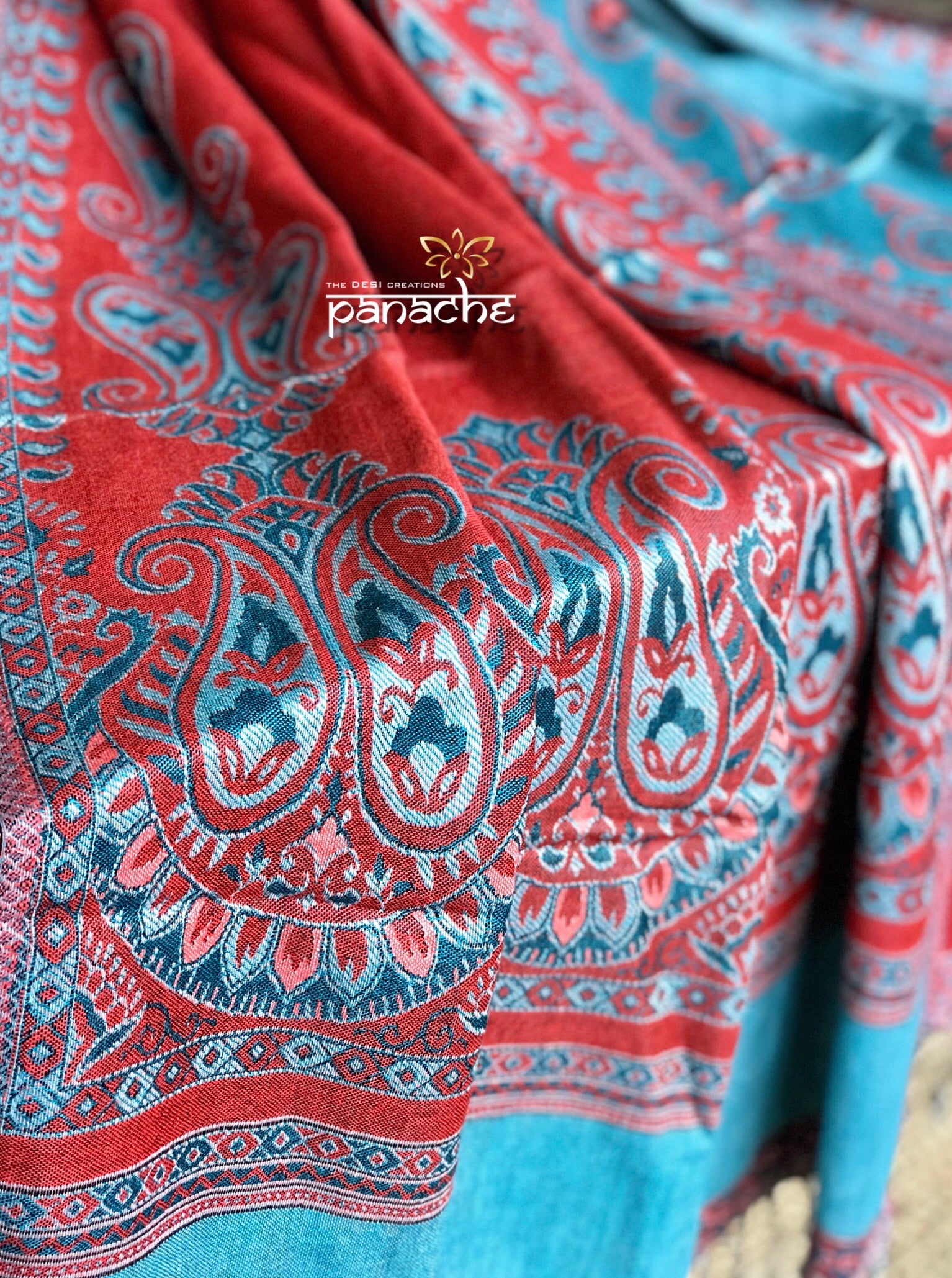 Jamavar Wool Stole - Reddish Maroon Teal Reversible