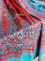 Jamavar Wool Stole - Reddish Maroon Teal Reversible