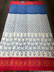 Pure Cotton Ikat  -  Off White Blue Red