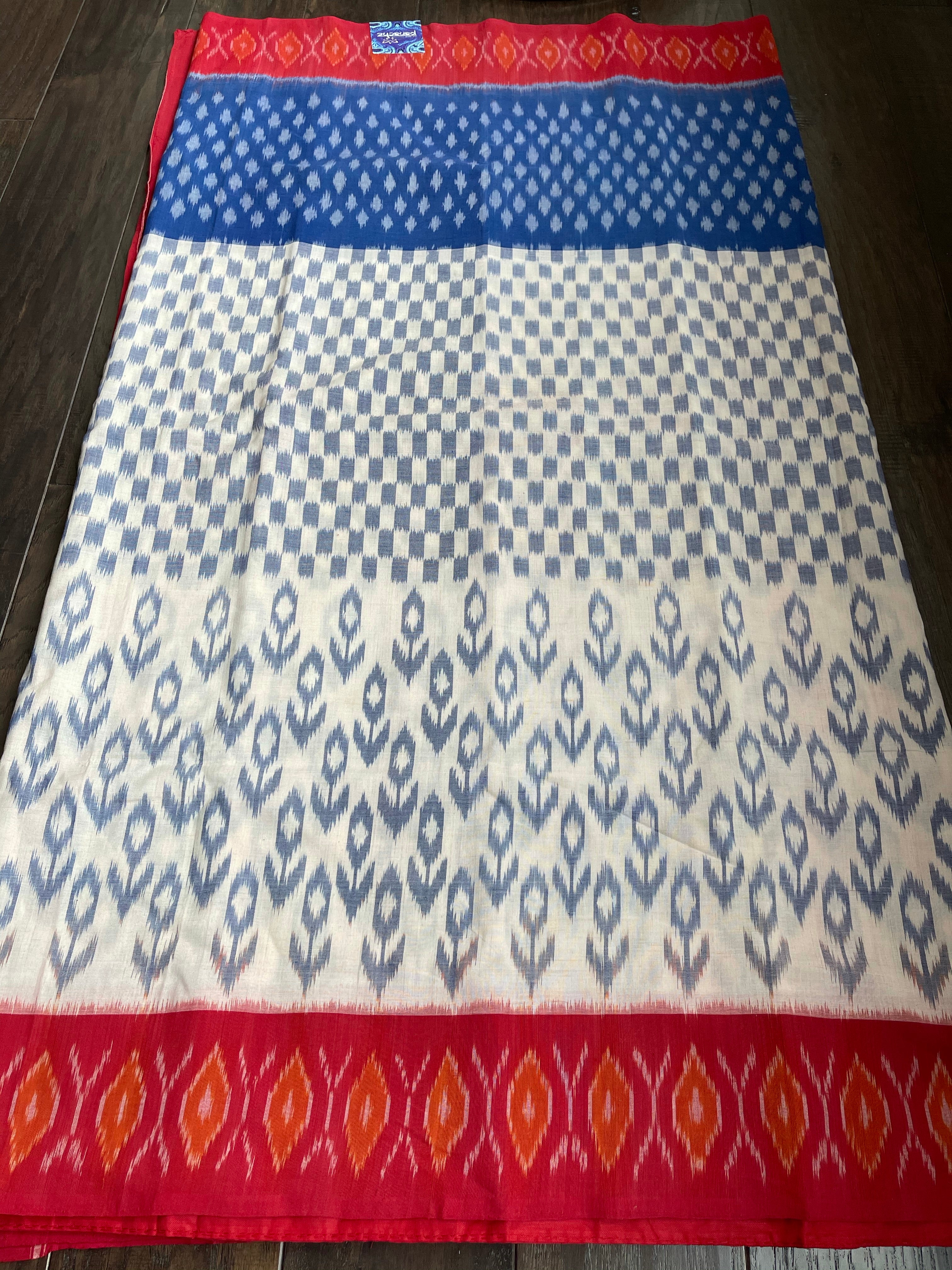 Pure Cotton Ikat  -  Off White Blue Red
