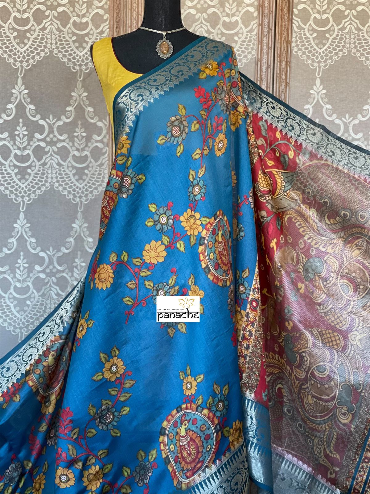Chiniya Silk Banarasi - Blue Kalamkari Printed