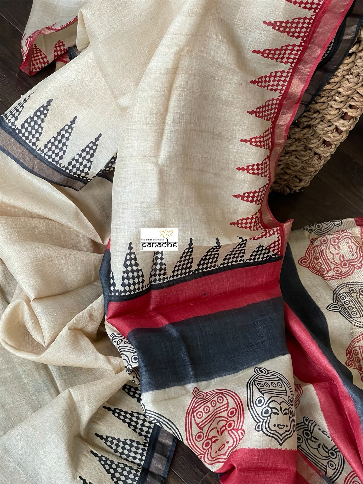 Pure Tussar Silk Printed -  Beige Red Black