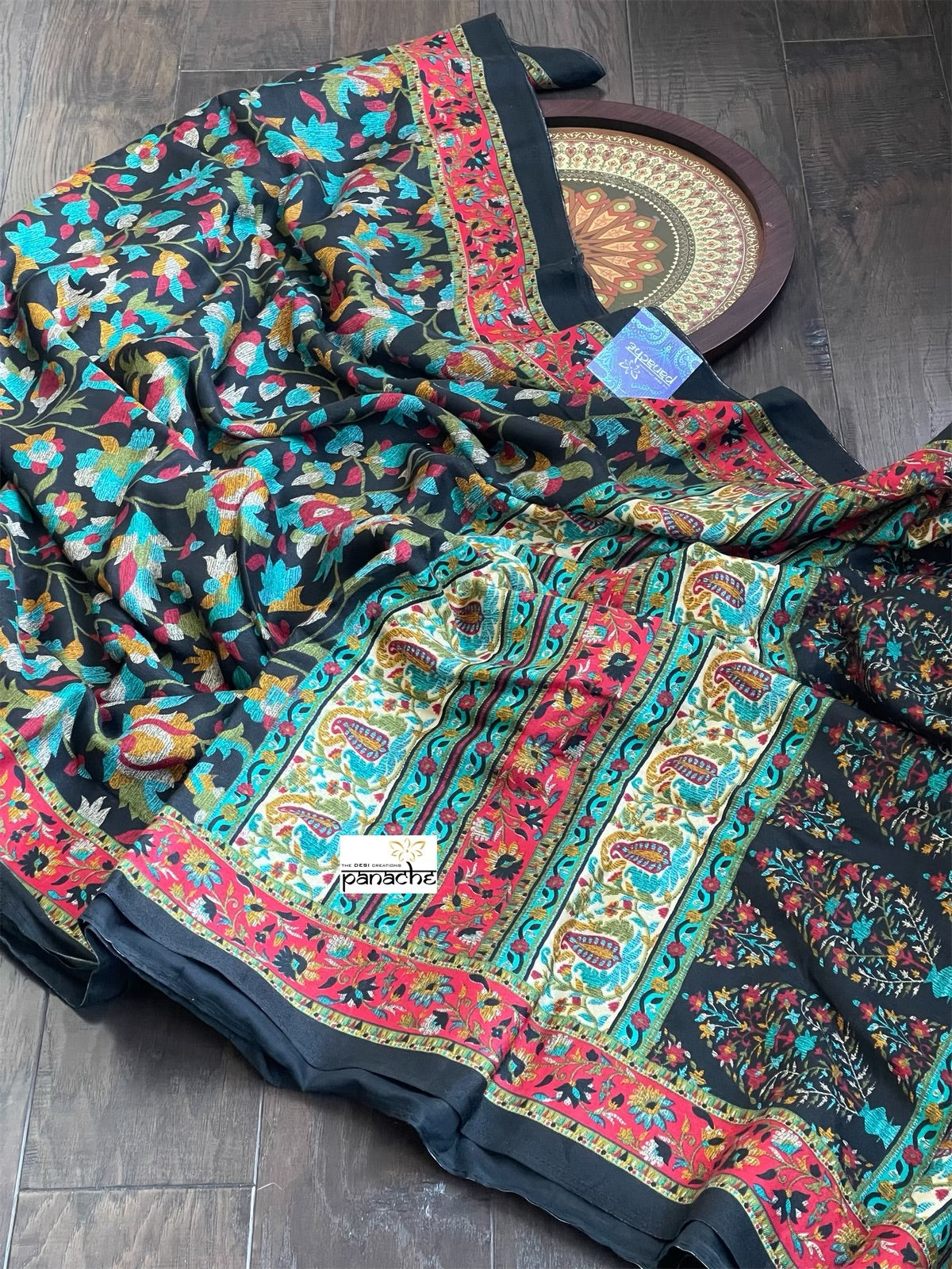 Pashmina Silk Printed - Black Firozi Floral