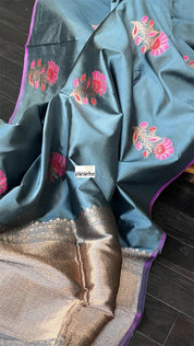 Pure Katan Silk Banarasi - Bluish Grey Purple