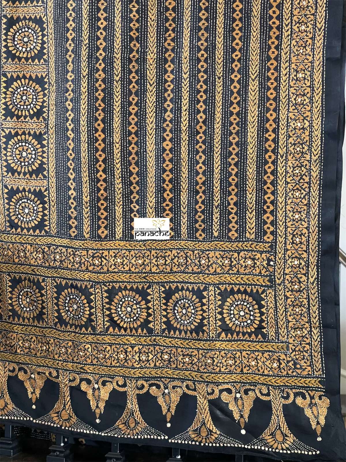 Pure Bangalore Silk Kantha Stitch -  Black Multi Color