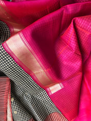 Kora Linen Silk Banarsi - Black White Checks Pink
