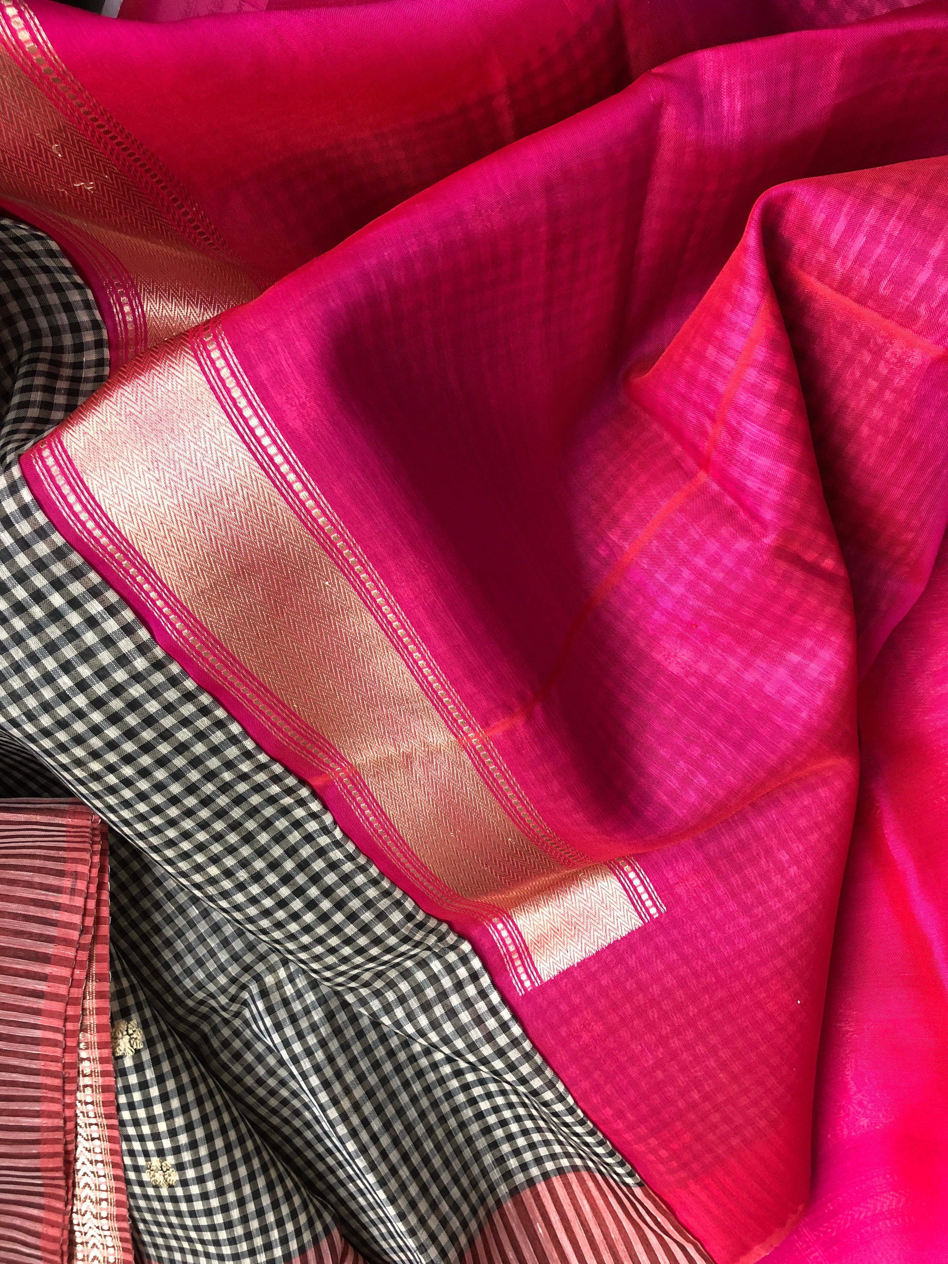 Kora Linen Silk Banarsi - Black White Checks Pink