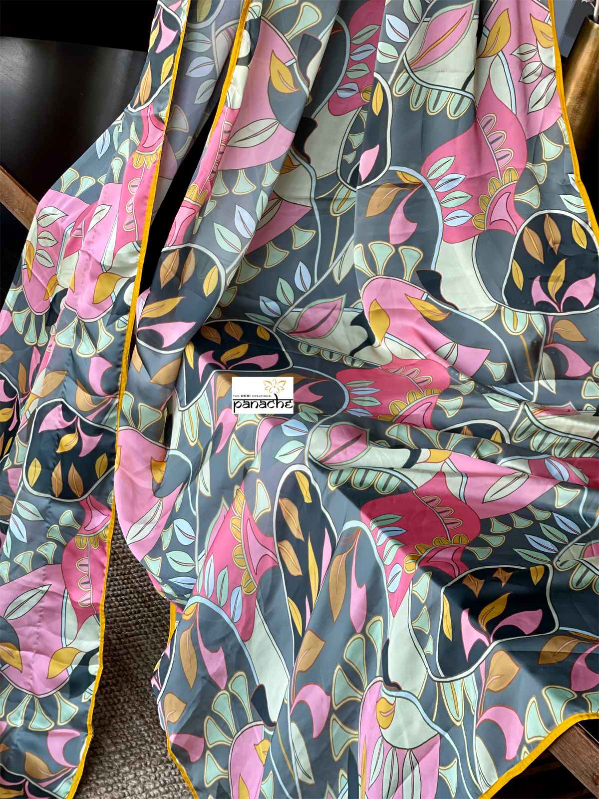 Designer Satin Silk - Grey Pink Kalamkari