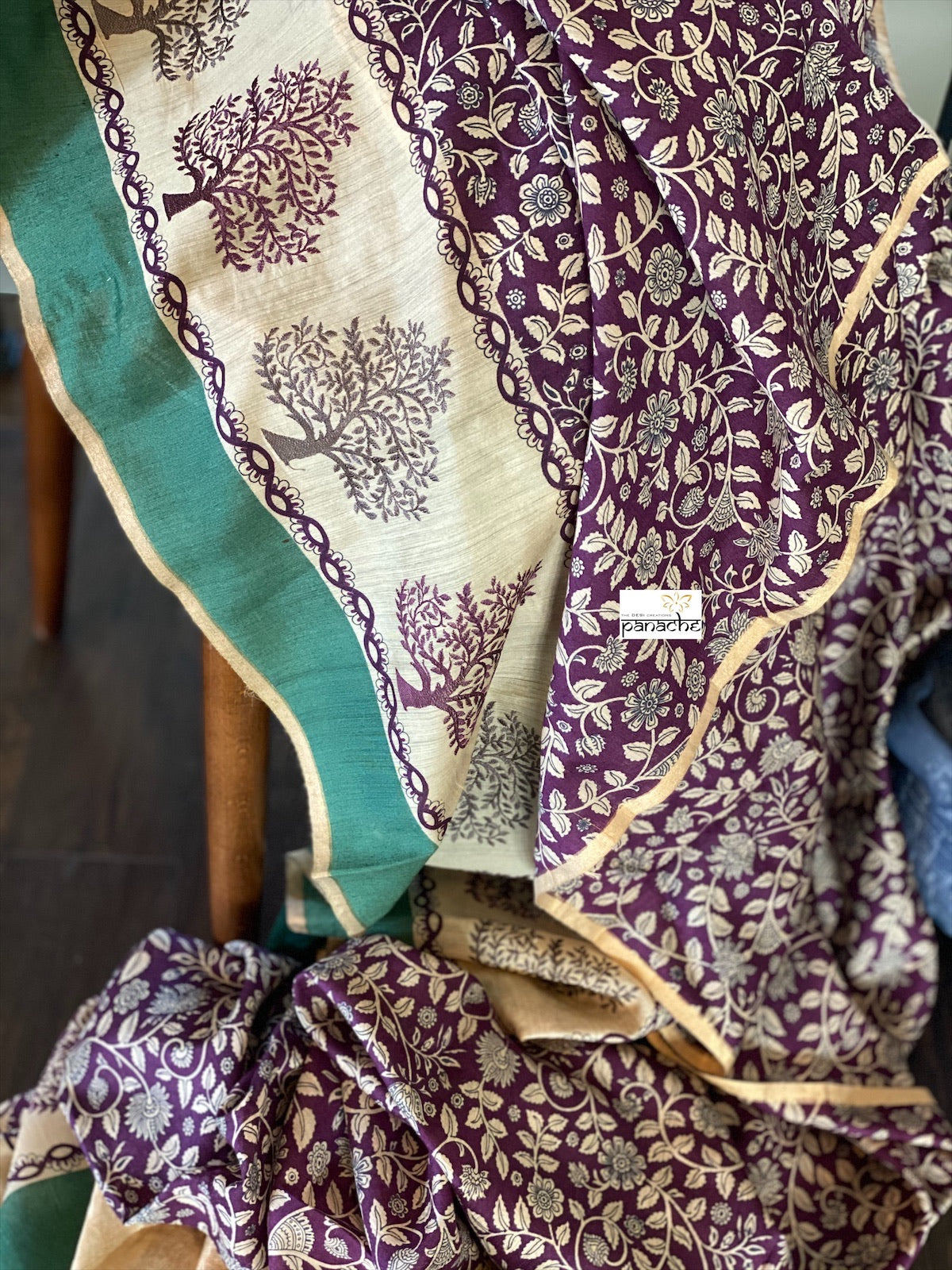 Kalamkari Printed Muga Silk - Purple Teal Embroidered