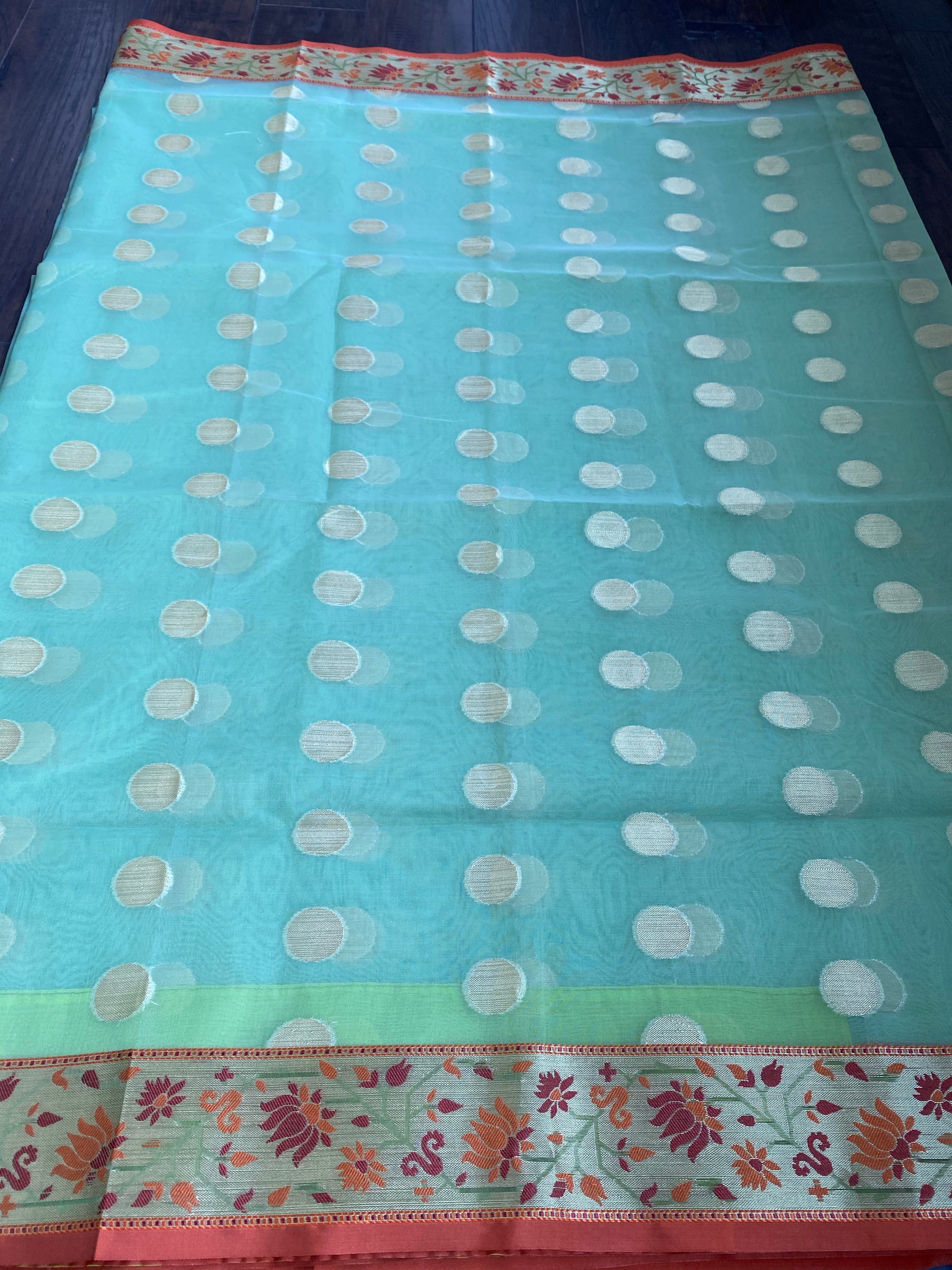 Kora Silk Paithani - Pista Green Orange
