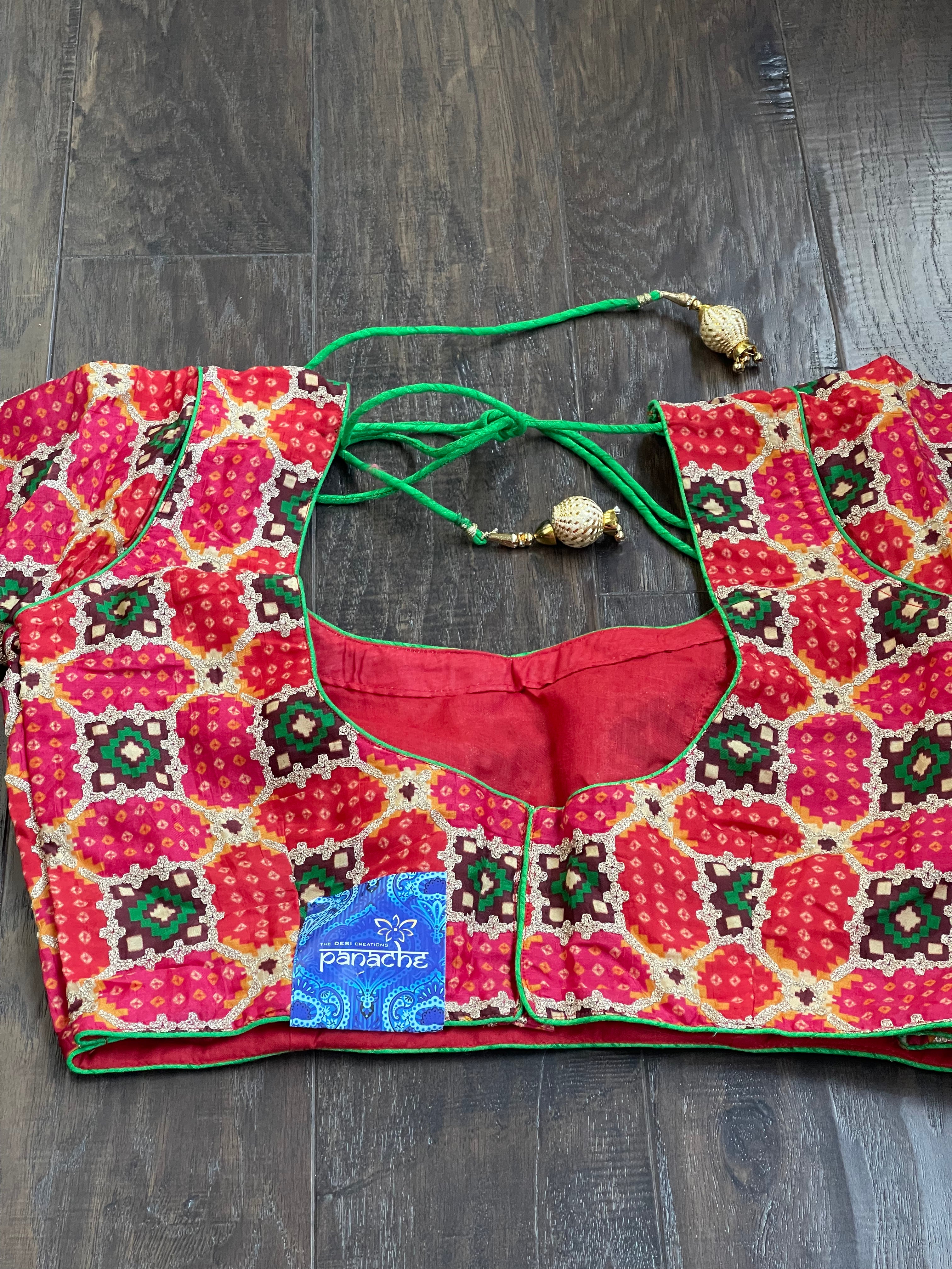 Designer Blouse - Orange Red Green Woven