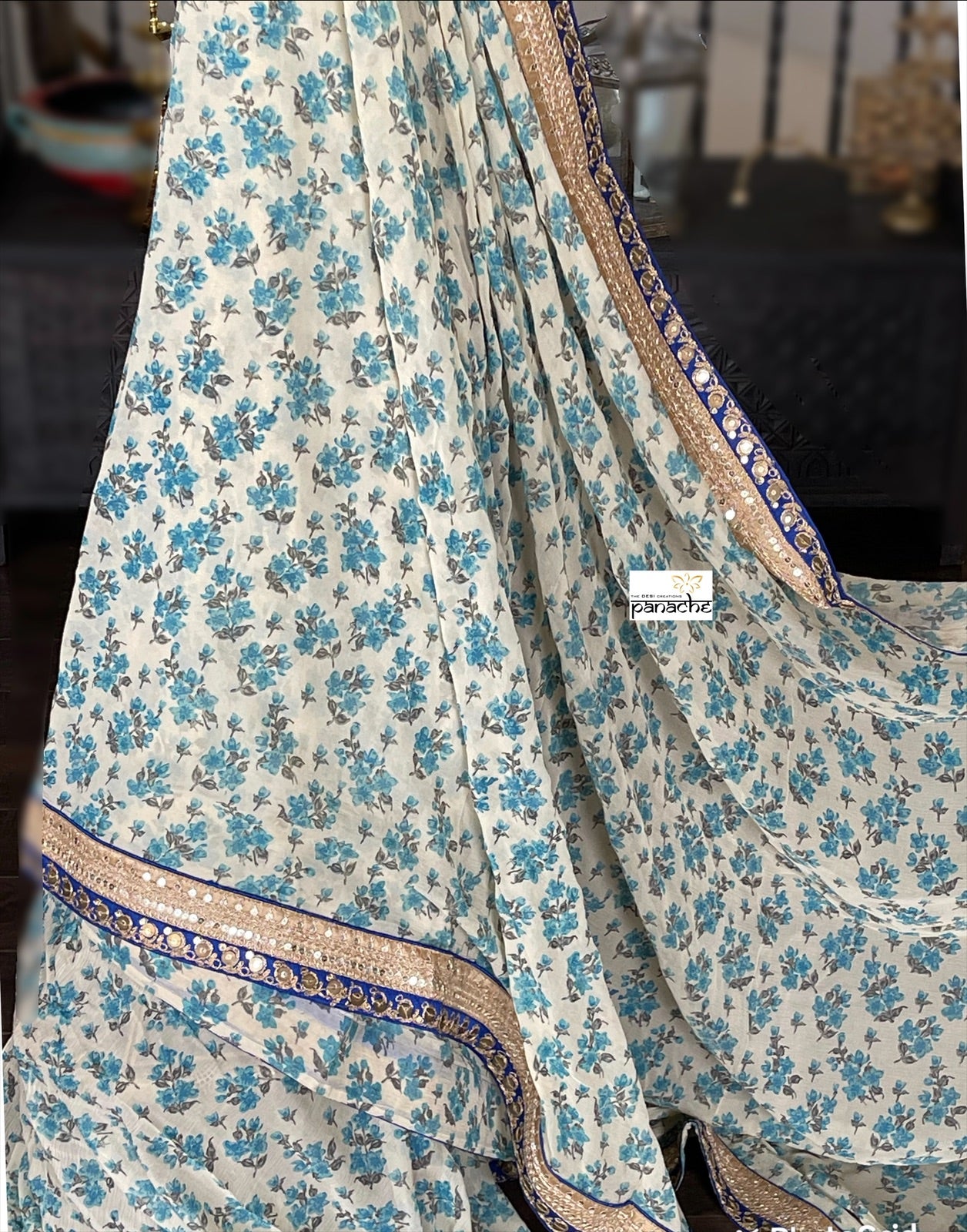 Pure Designer Chiffon Georgette - Beige Blue