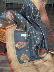 Tussar Silk Banarasi - Black Red Meenakari