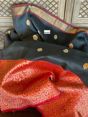 Linen by Tussar Silk Banarasi - Black Red
