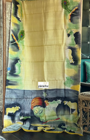Pure Tussar Silk - Light Lemon Yellow Hand Painted