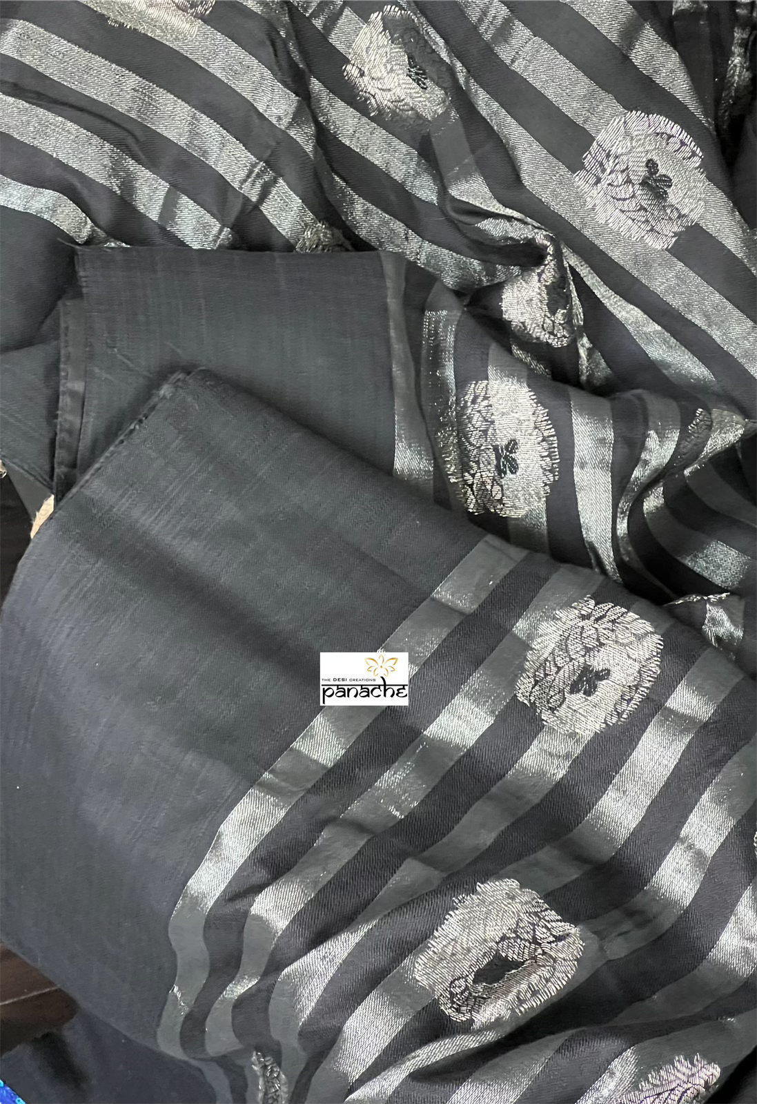 Pure Linen Matka Silk - Black Silver Zari