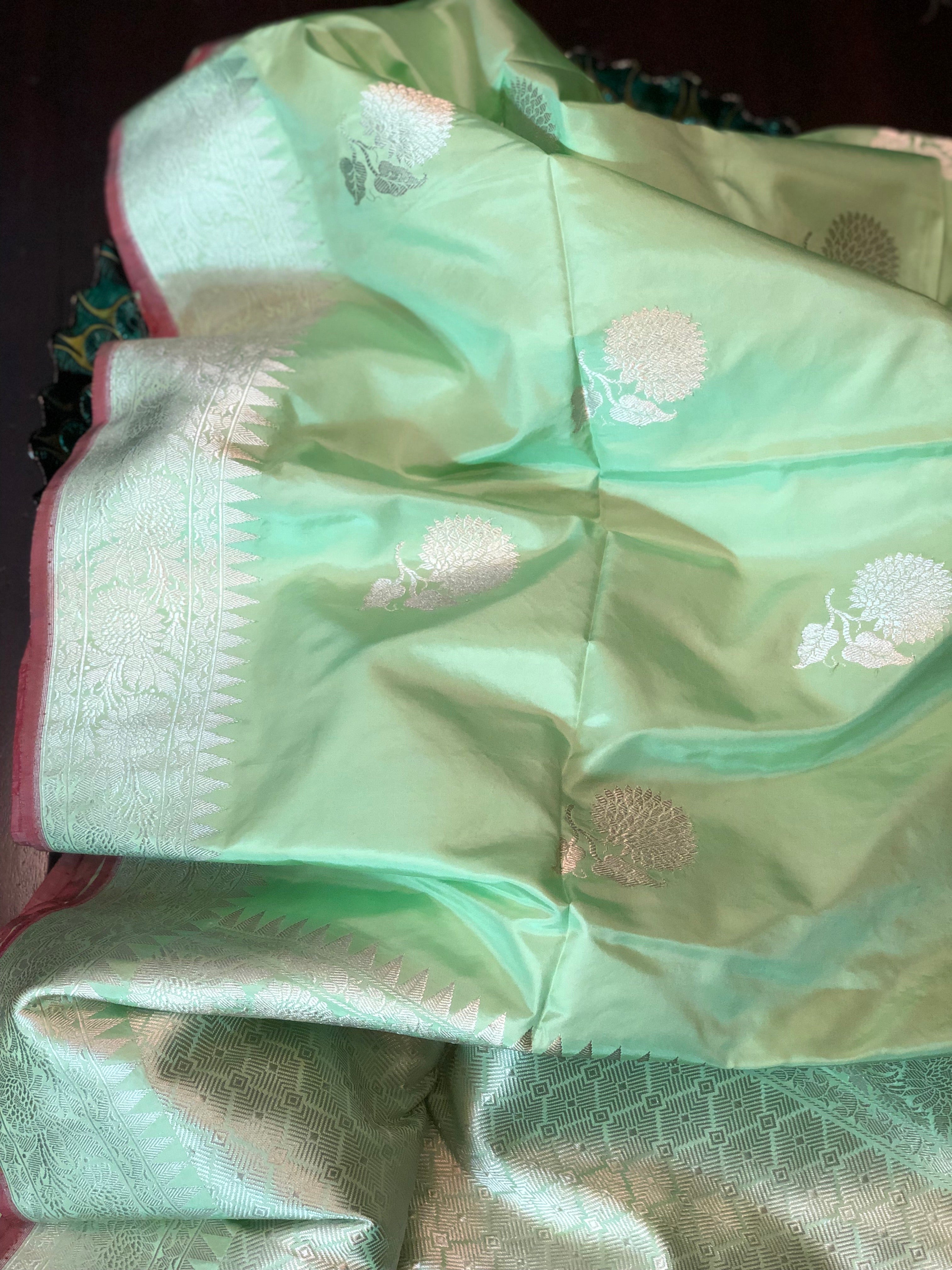 Katan Silk Banarasi - Mint Green Khadwa Silver Zari Woven
