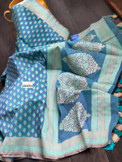 Silk Cotton Jamdaani Kora Banarasi - Blue Grey Resham Woven
