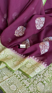 Khaddi Georgette Banarasi - Maroon Mehendi Green Kadwa