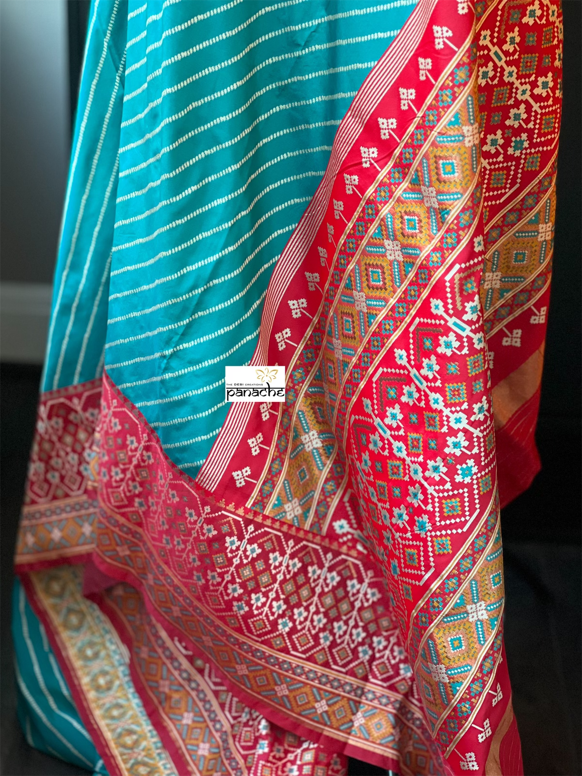 Soft Silk Patola Banarasi - Firozi Blue Red Antique Golden Zari