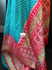Soft Silk Patola Banarasi - Firozi Blue Red Antique Golden Zari