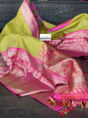 Pure Kora by Katan Silk Banarasi - Pista Green Pink Kadwa Woven