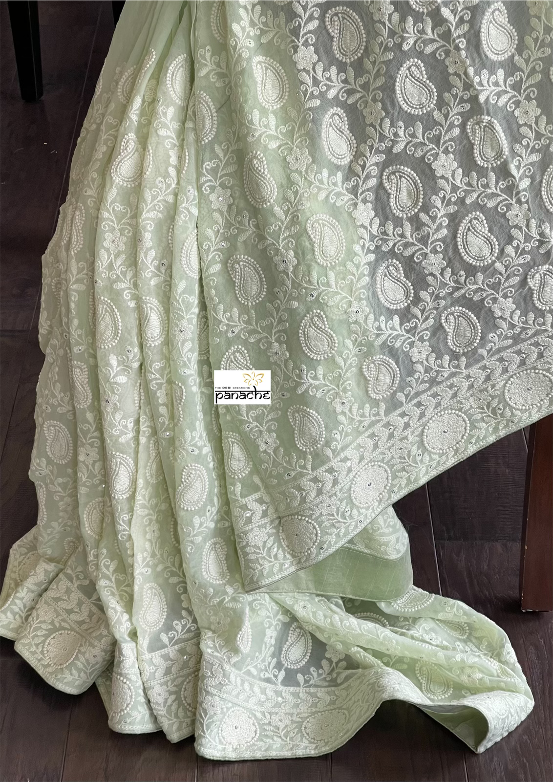 Designer Georgette Chikankari - Light Pista Paisley