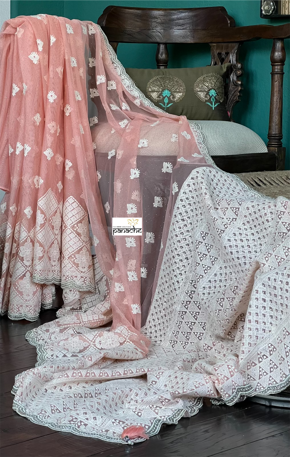 Designer Pure Net Embroidered - Peach